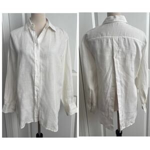 Zara 100% Linen White Button Back Oversized Long Sleeve Shirt Blouse Top Size XS
